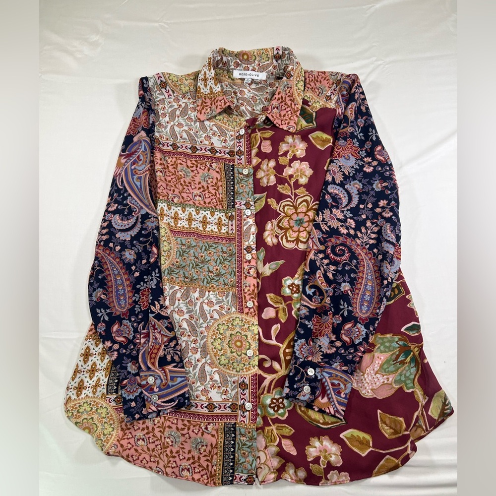 Rose + Olive patchwork-inspired button-up shirt